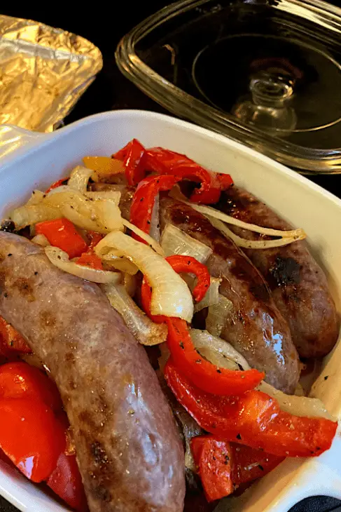 Sheet Pan Bratwursts Peppers and Onion
