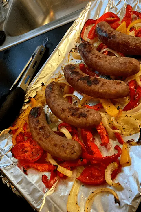 sheet pan bratwursts peppers and onion
