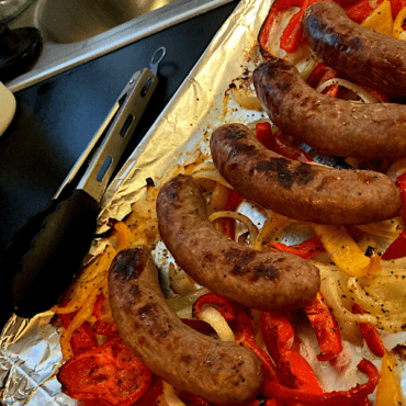 Sheet Pan Bratwursts Peppers and Onion